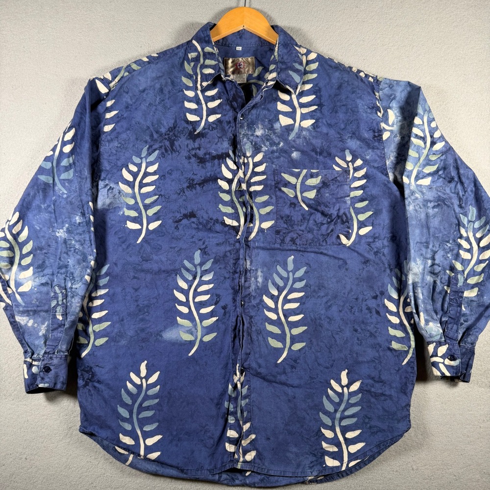 Territory Ahead Mens XXL Blue Batik Leaf Print Cotton Button Down Shirt 15174